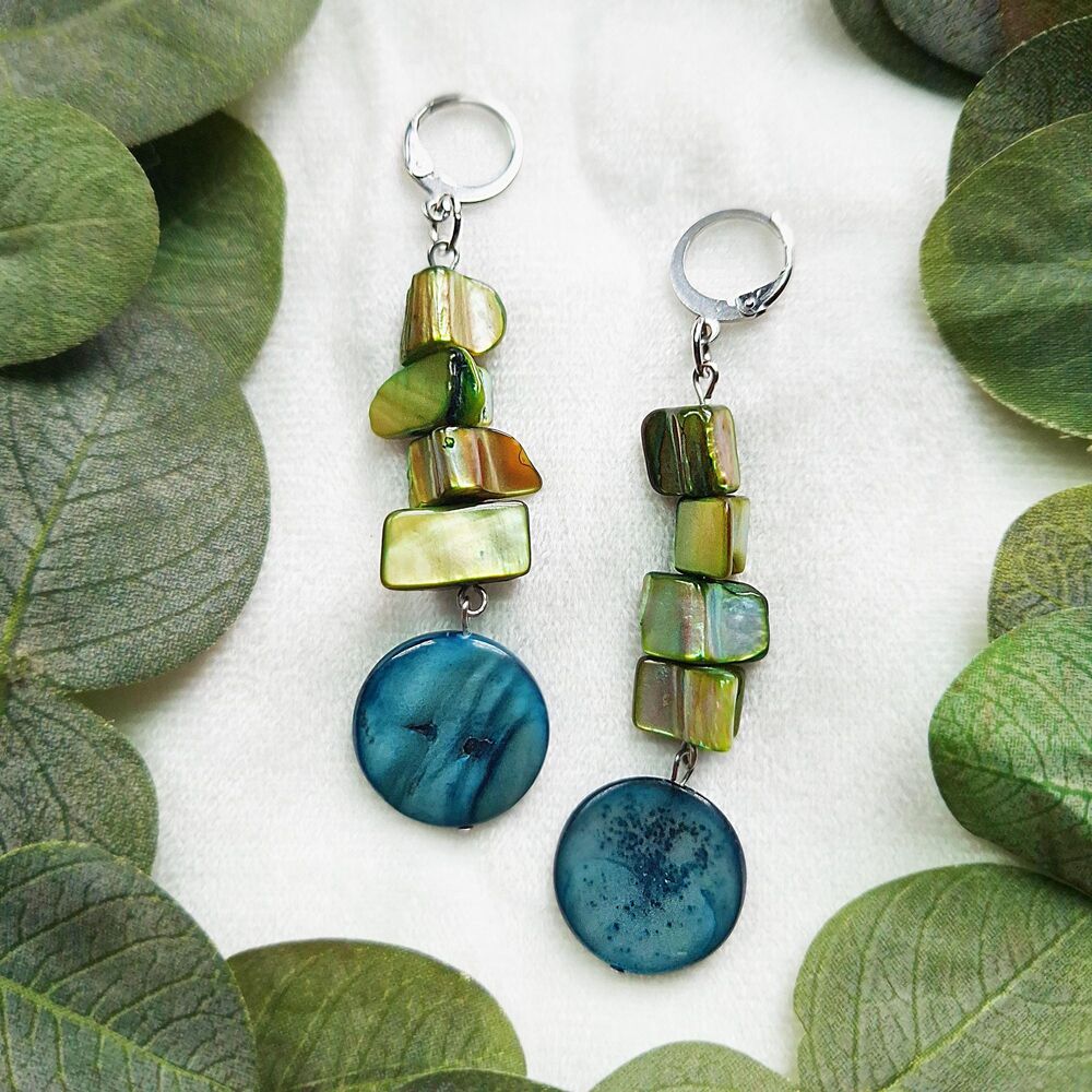 Green and Blue Shell Dangle Earrings – Mother of Pearl, Ocean Inspired Boho